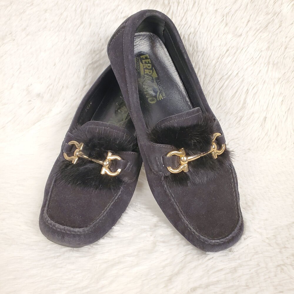 Salvatore Ferragamo Parigi Mink Fur Loafer Shoes Black Women's Size 7.5 RARE